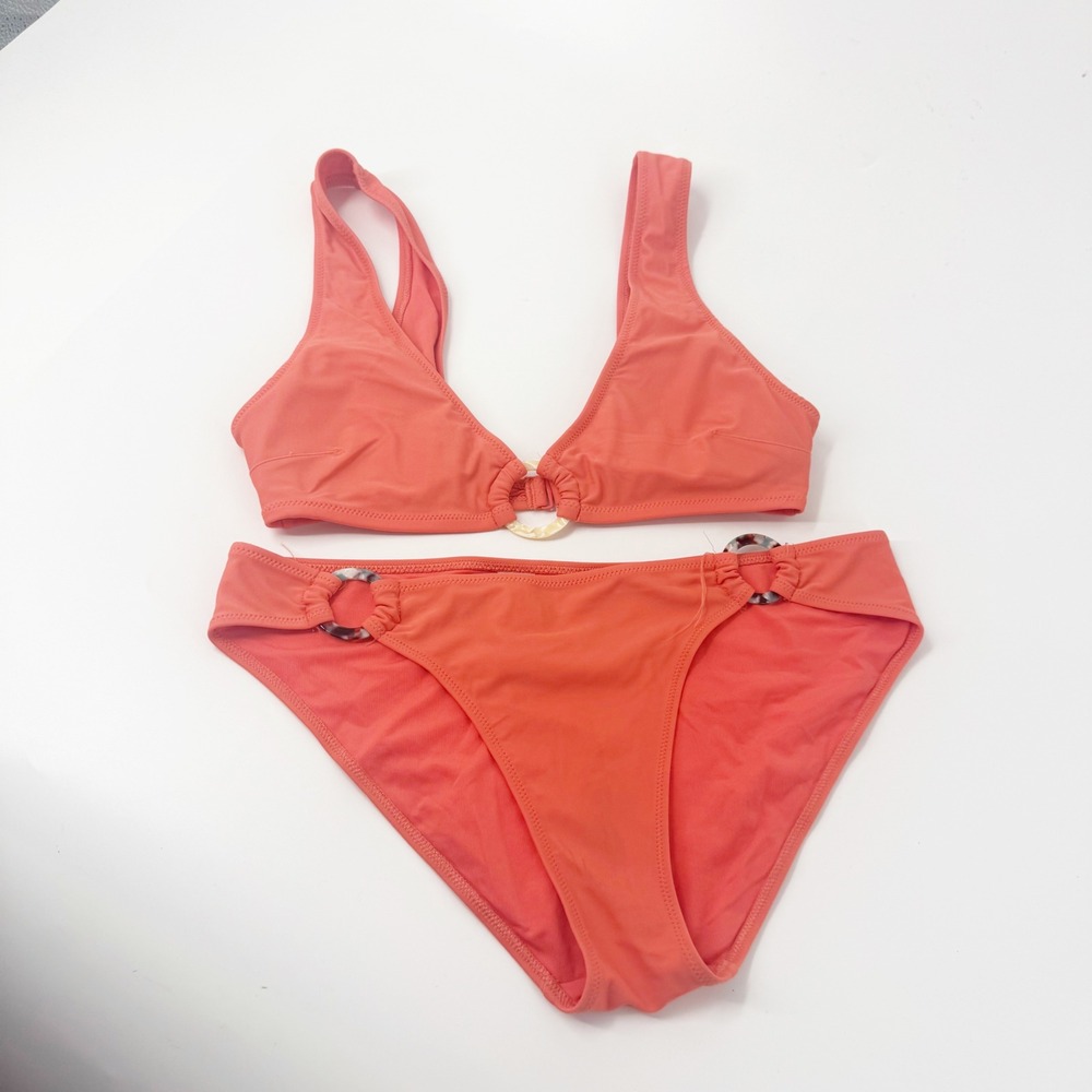 Aerie Coral Orange Ring Detail Bikini Set V-Neck Top & Bottoms Size Medium